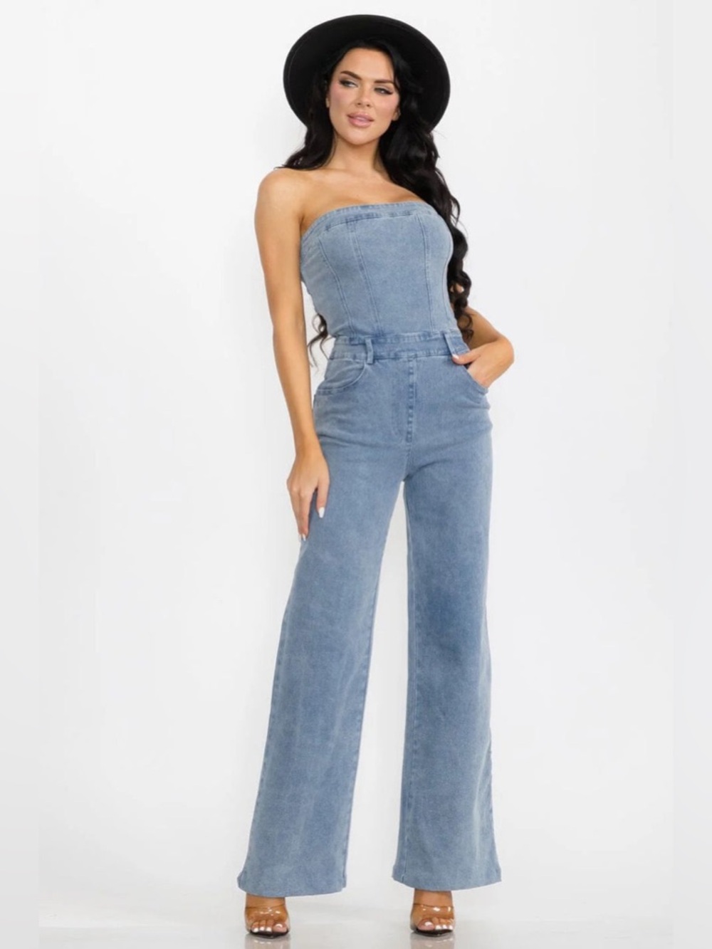 RODEO REBEL STRAPLESS STRETCH WIDE LEG POCKET DENIM JUMPSUIT - Picture 3 of 9